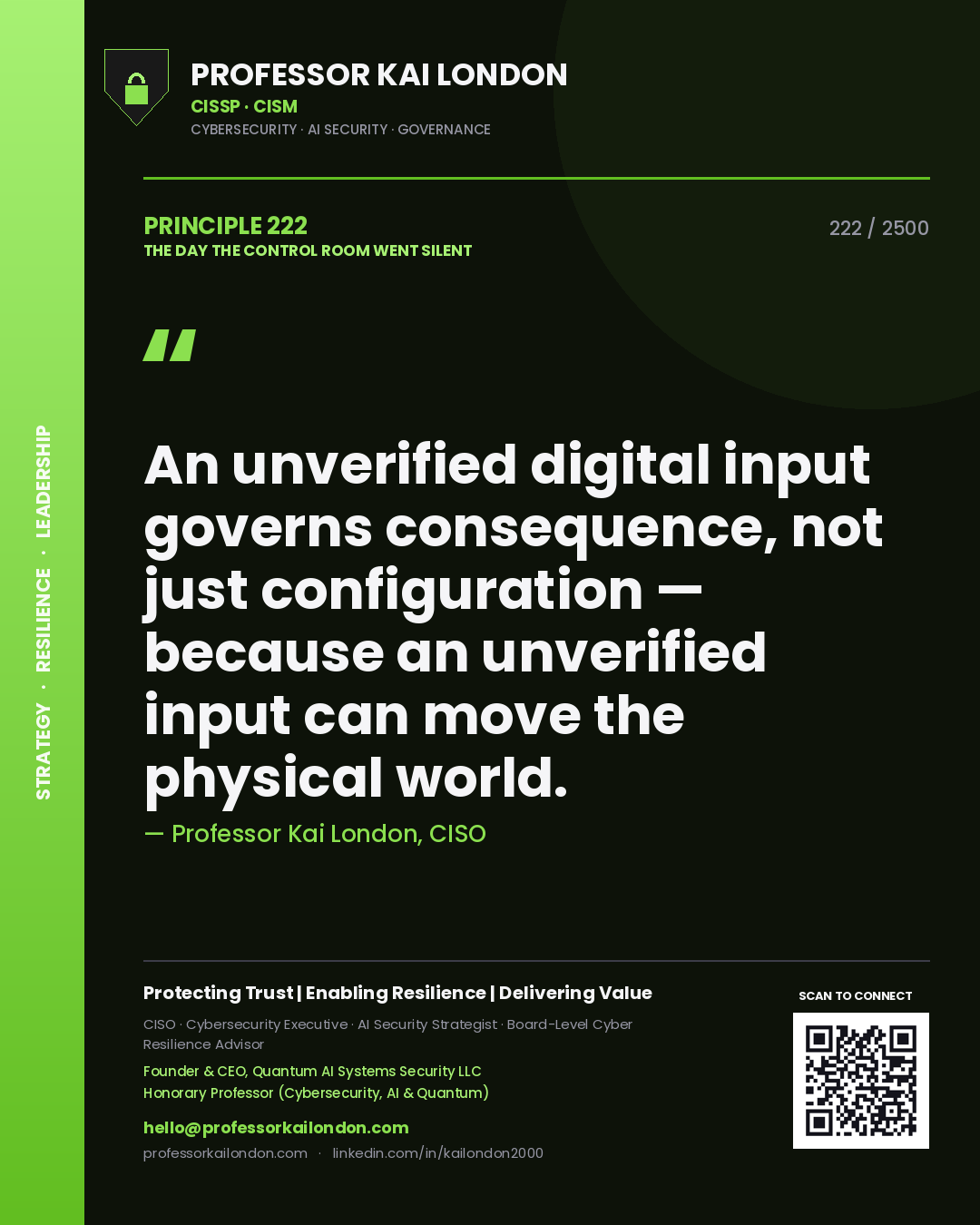 Professor Kai London principle 222: An unverified digital input governs consequence, not just configuration — because an unverified input can move the physical world.