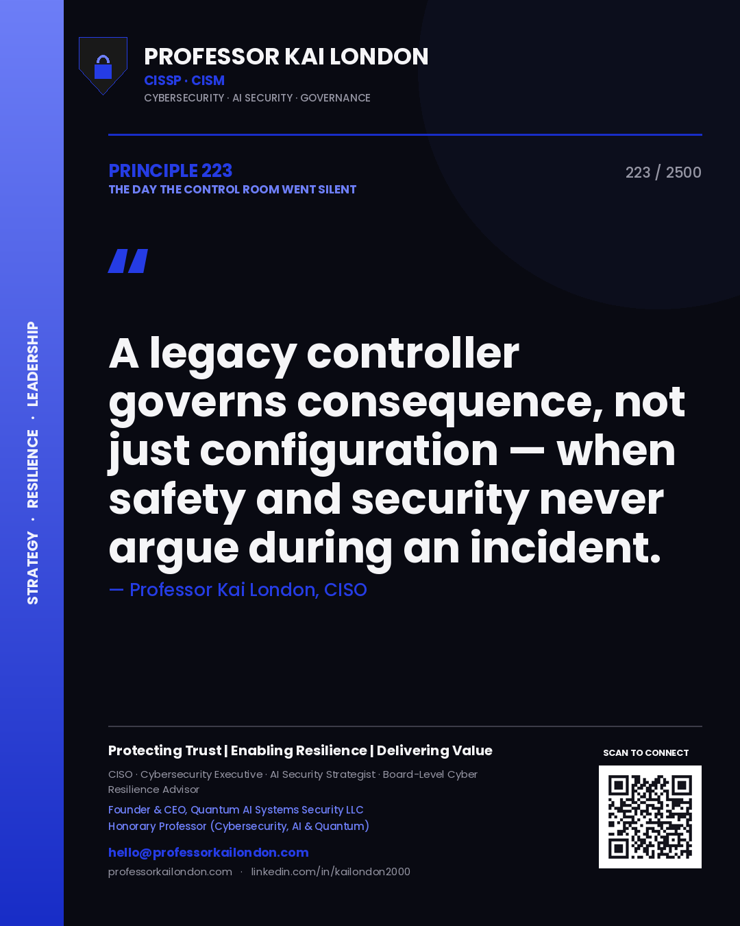 Professor Kai London principle 223: A legacy controller governs consequence, not just configuration — when safety and security never argue during an incident.