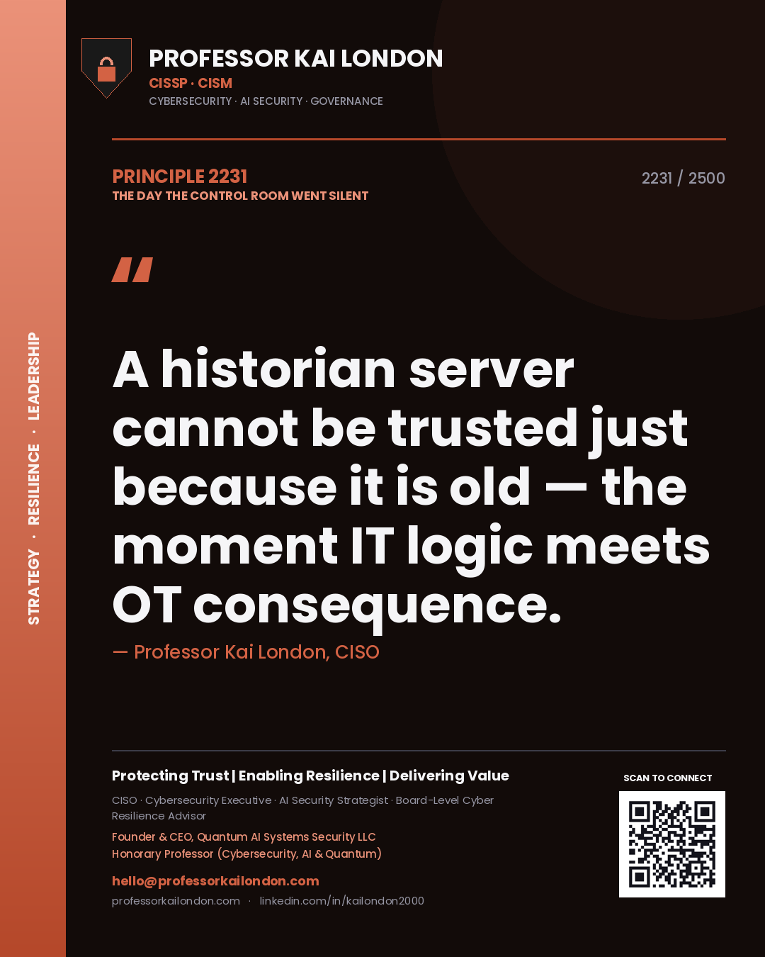 Professor Kai London principle 2231: A historian server cannot be trusted just because it is old — the moment IT logic meets OT consequence.