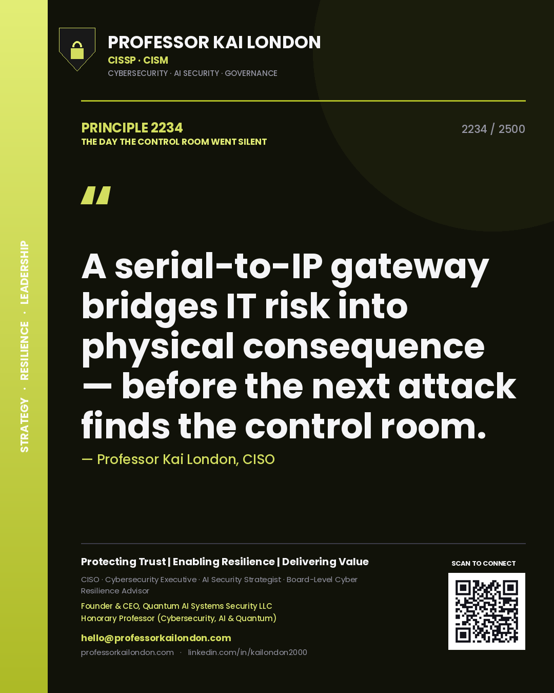 Professor Kai London principle 2234: A serial-to-IP gateway bridges IT risk into physical consequence — before the next attack finds the control room.