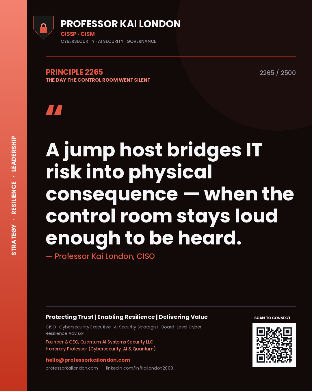 Professor Kai London principle 2265: A jump host bridges IT risk into physical consequence — when the control room stays loud enough to be heard.