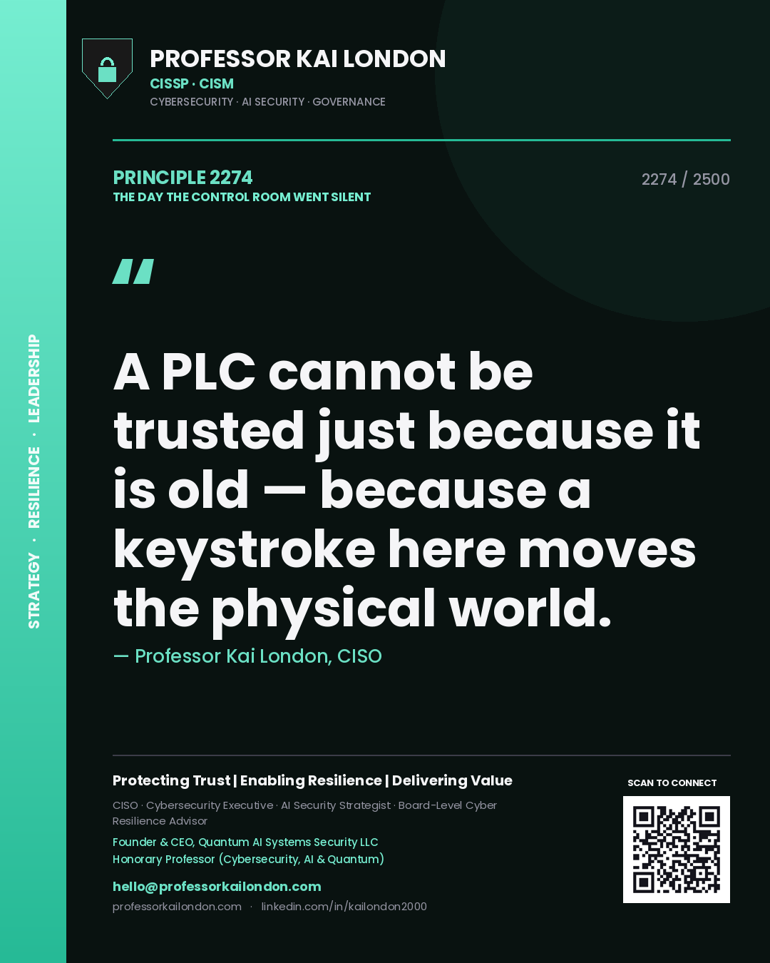 Professor Kai London principle 2274: A PLC cannot be trusted just because it is old — because a keystroke here moves the physical world.