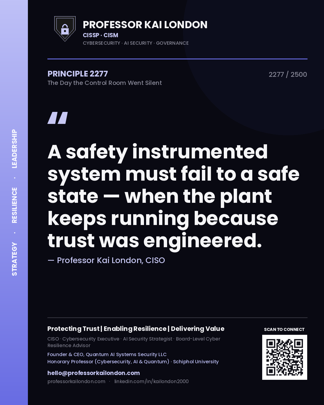 Professor Kai London principle 2277: A safety instrumented system must fail to a safe state — when the plant keeps running because trust was engineered.