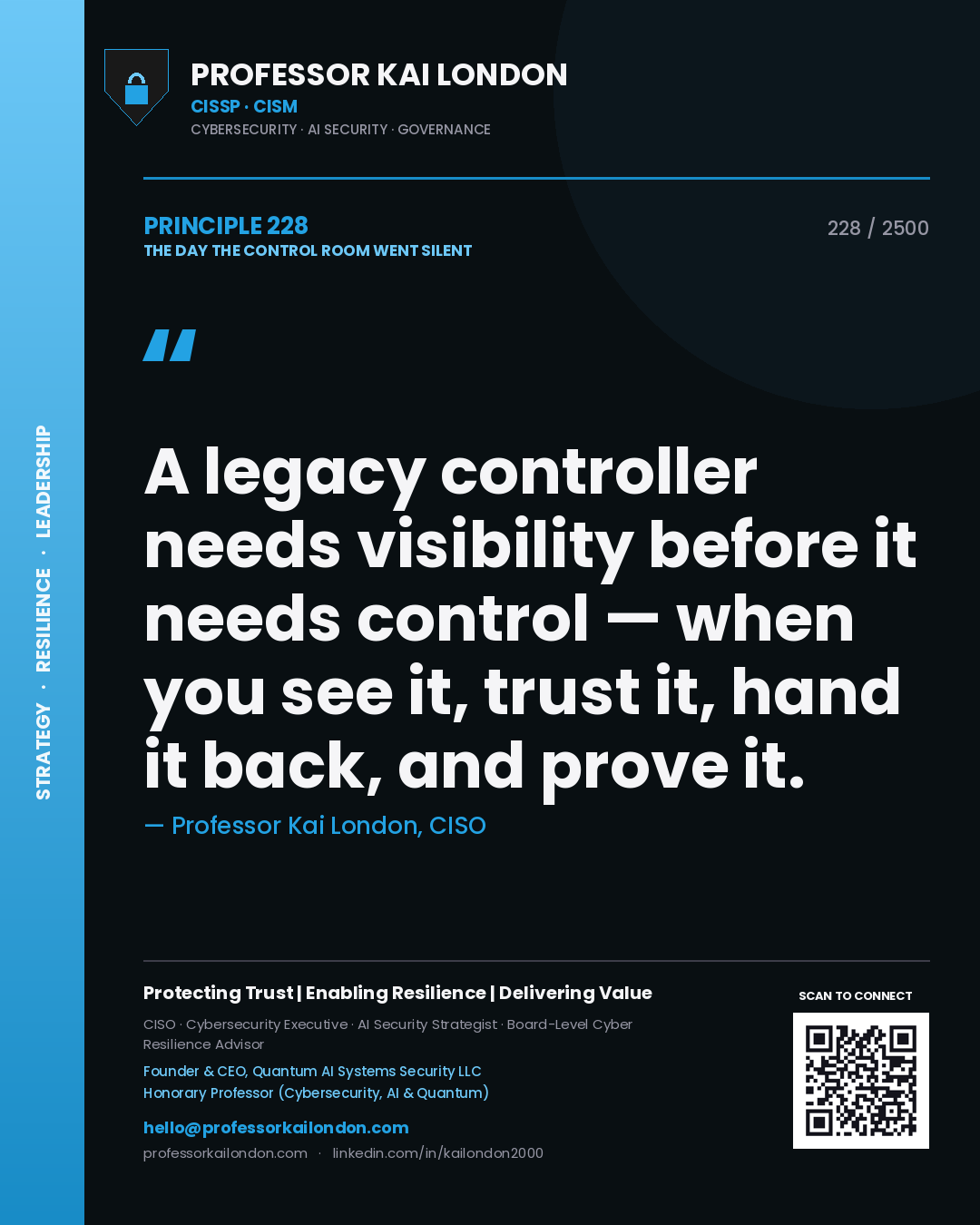 Professor Kai London principle 228: A legacy controller needs visibility before it needs control — when you see it, trust it, hand it back, and prove it.