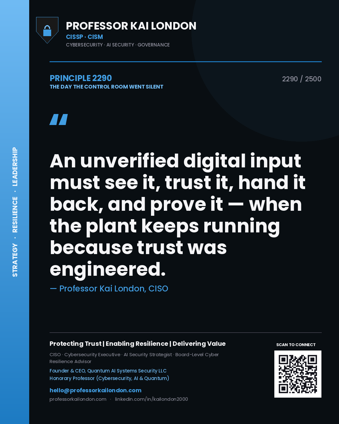 Professor Kai London principle 2290: An unverified digital input must see it, trust it, hand it back, and prove it — when the plant keeps running because trust was engineered.