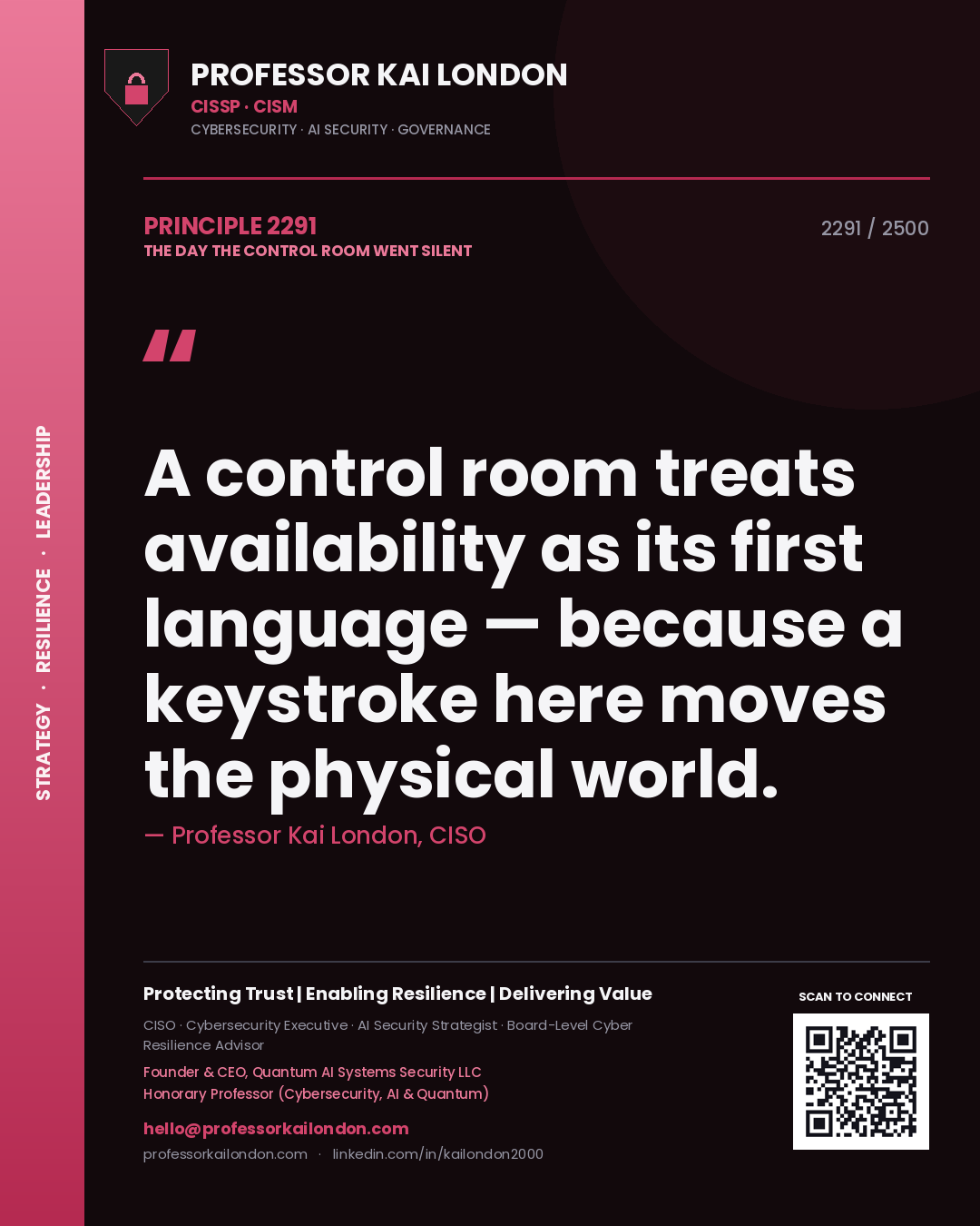 Professor Kai London principle 2291: A control room treats availability as its first language — because a keystroke here moves the physical world.