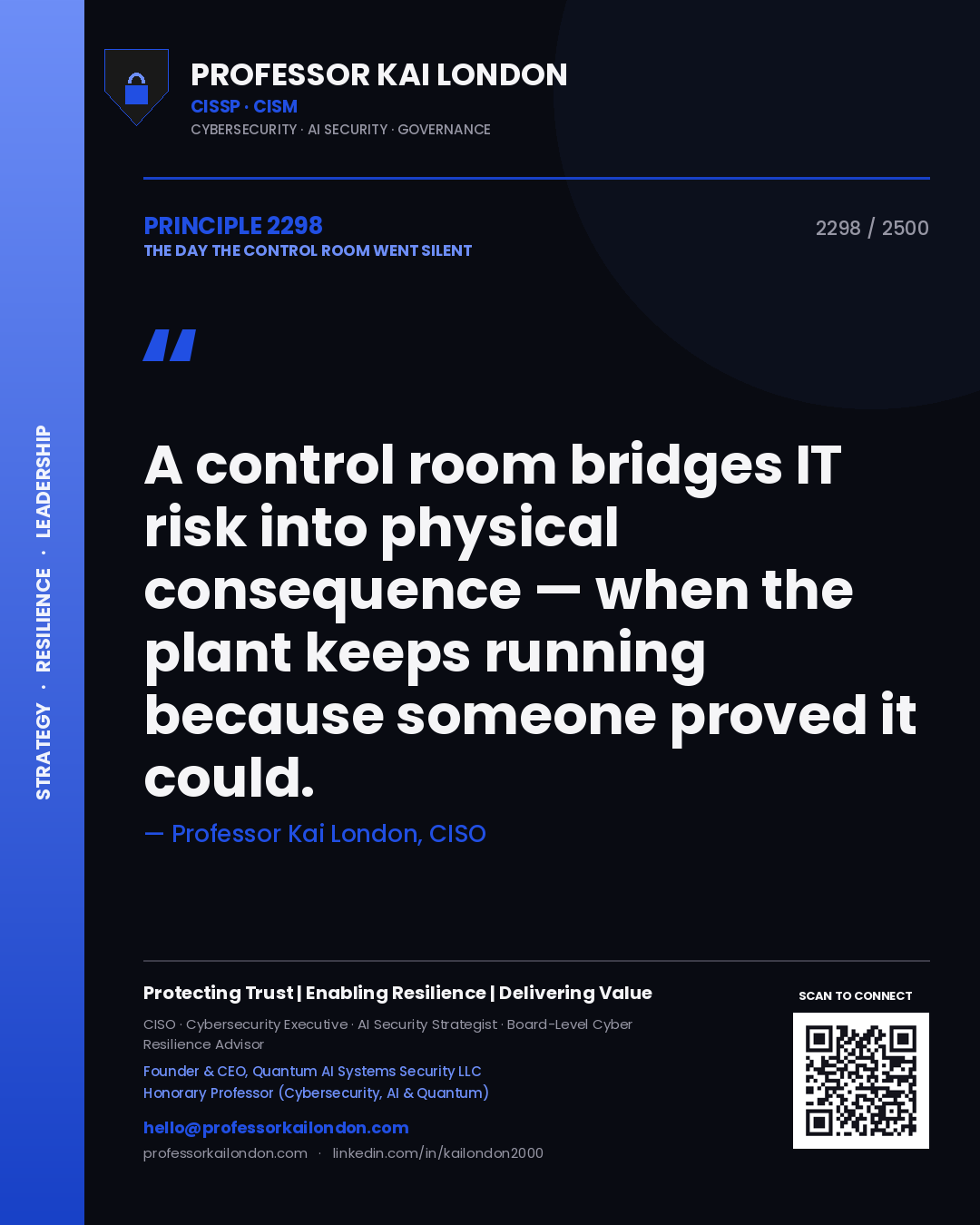 Professor Kai London principle 2298: A control room bridges IT risk into physical consequence — when the plant keeps running because someone proved it could.