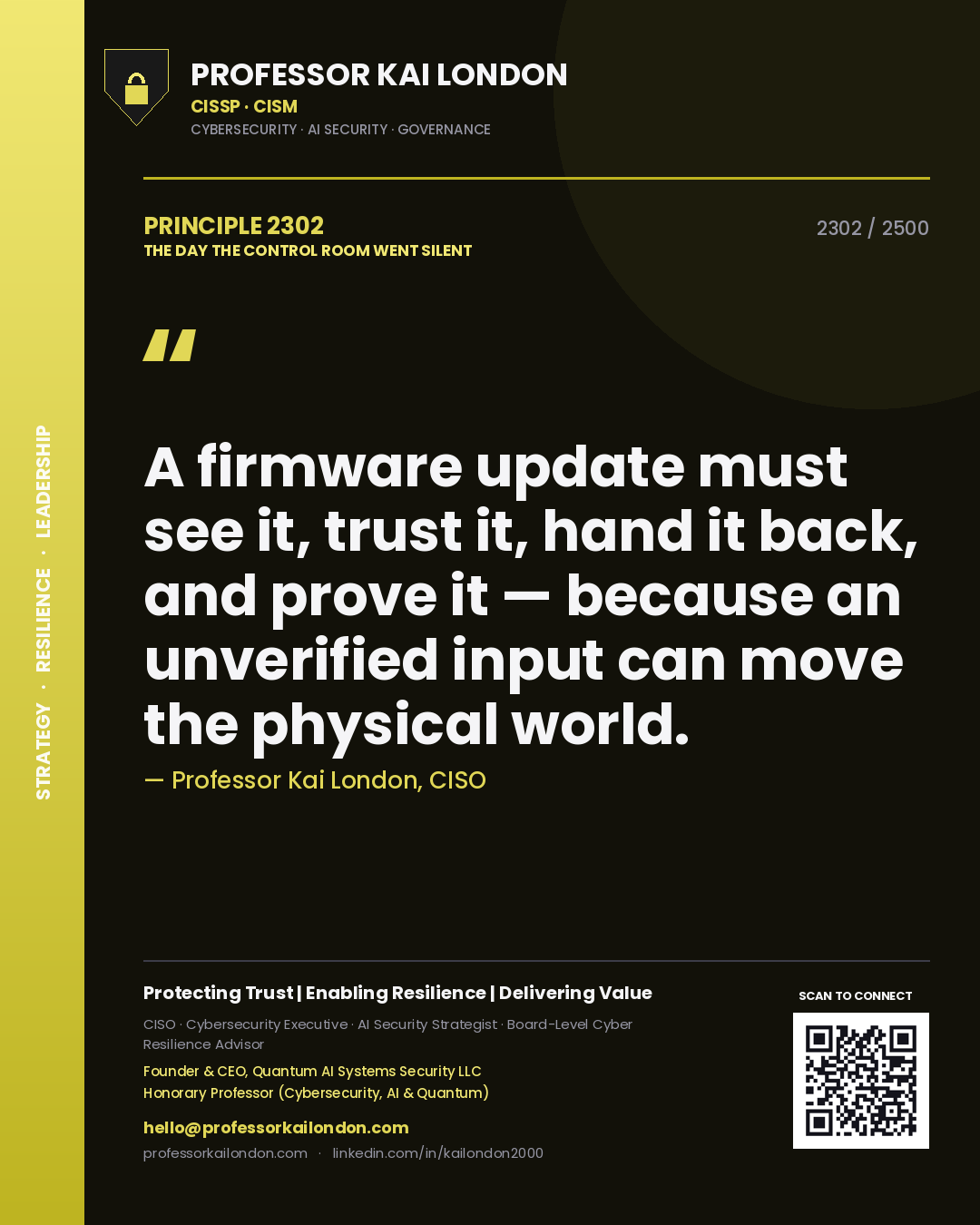 Professor Kai London principle 2302: A firmware update must see it, trust it, hand it back, and prove it — because an unverified input can move the physical world.