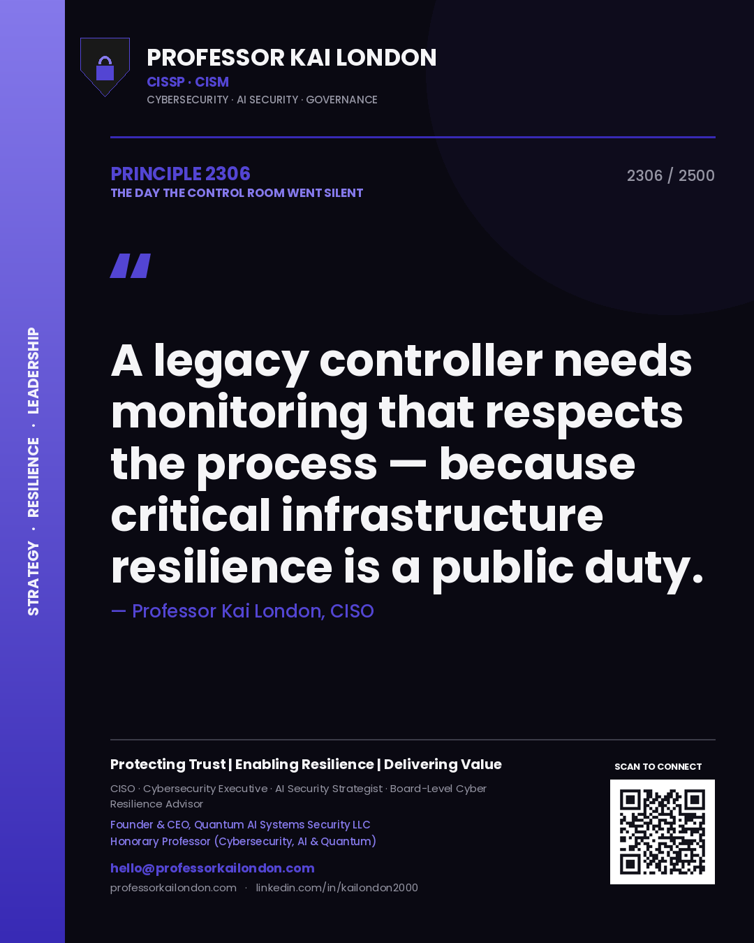 Professor Kai London principle 2306: A legacy controller needs monitoring that respects the process — because critical infrastructure resilience is a public duty.