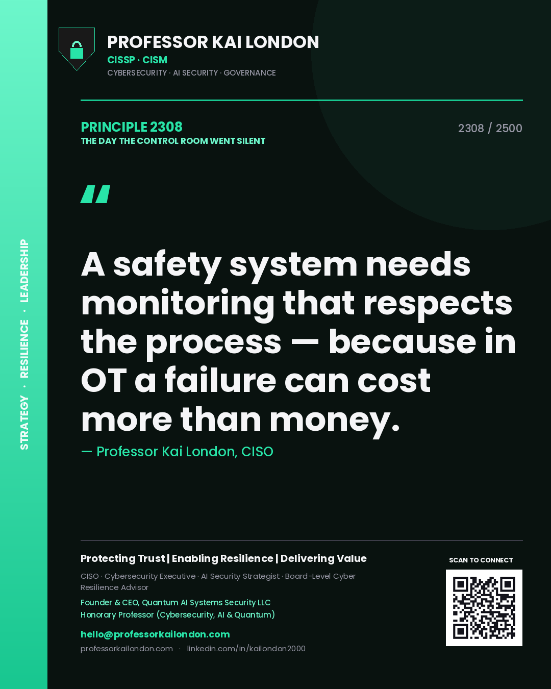 Professor Kai London principle 2308: A safety system needs monitoring that respects the process — because in OT a failure can cost more than money.