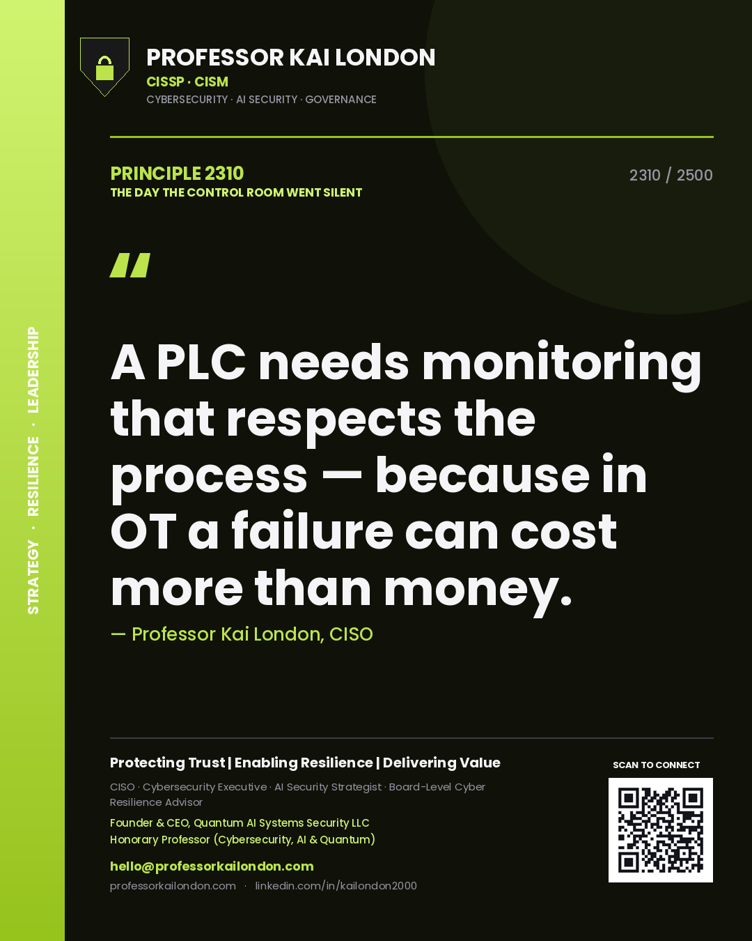Professor Kai London principle 2310: A PLC needs monitoring that respects the process — because in OT a failure can cost more than money.