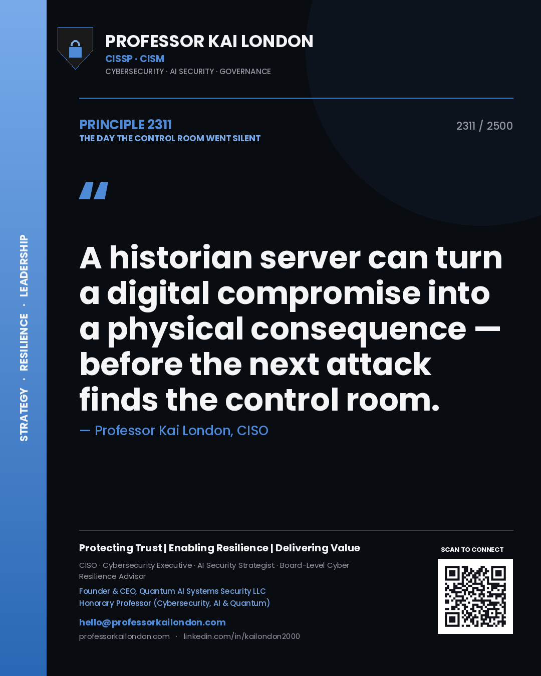 Professor Kai London principle 2311: A historian server can turn a digital compromise into a physical consequence — before the next attack finds the control room.
