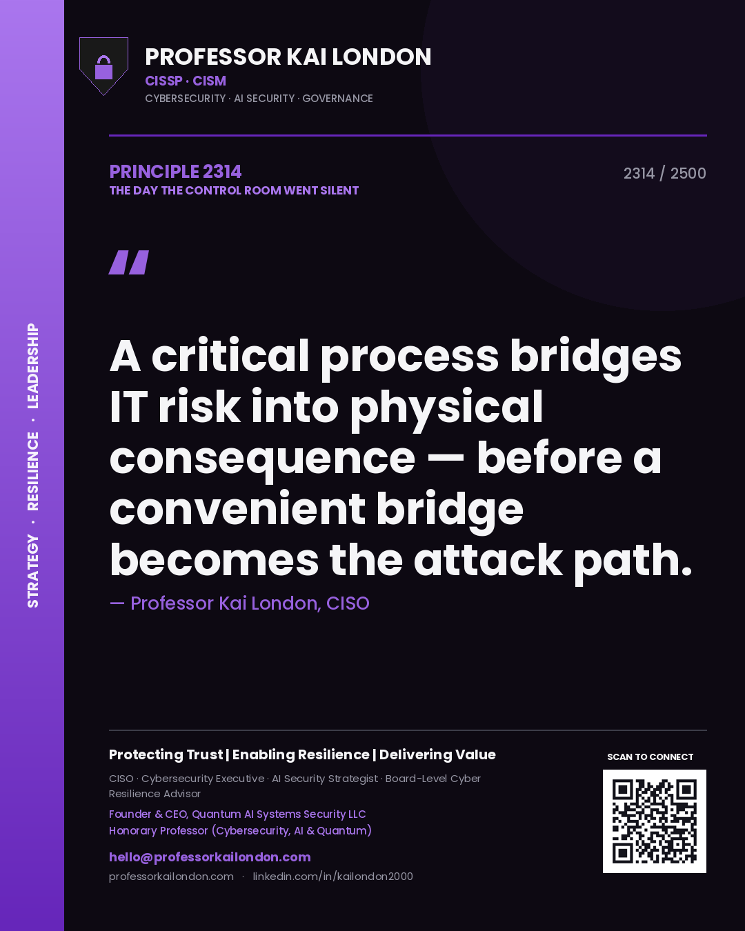 Professor Kai London principle 2314: A critical process bridges IT risk into physical consequence — before a convenient bridge becomes the attack path.