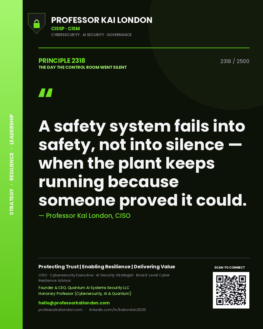 Professor Kai London principle 2318: A safety system fails into safety, not into silence — when the plant keeps running because someone proved it could.