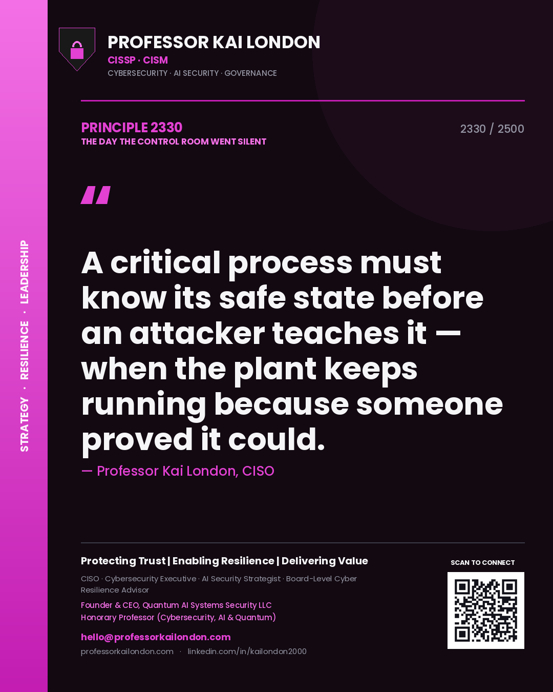 Professor Kai London principle 2330: A critical process must know its safe state before an attacker teaches it — when the plant keeps running because someone proved it could.