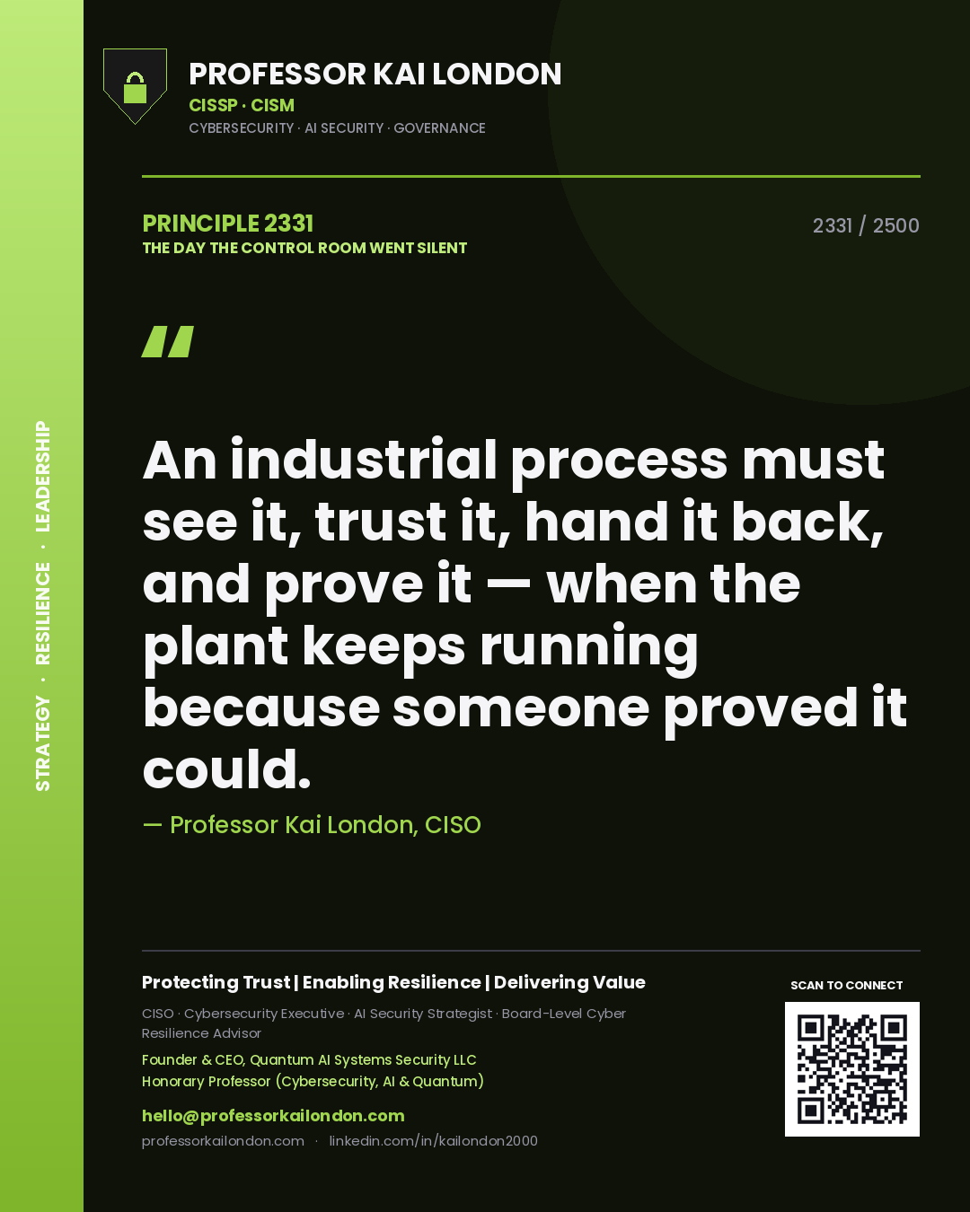 Professor Kai London principle 2331: An industrial process must see it, trust it, hand it back, and prove it — when the plant keeps running because someone proved it could.