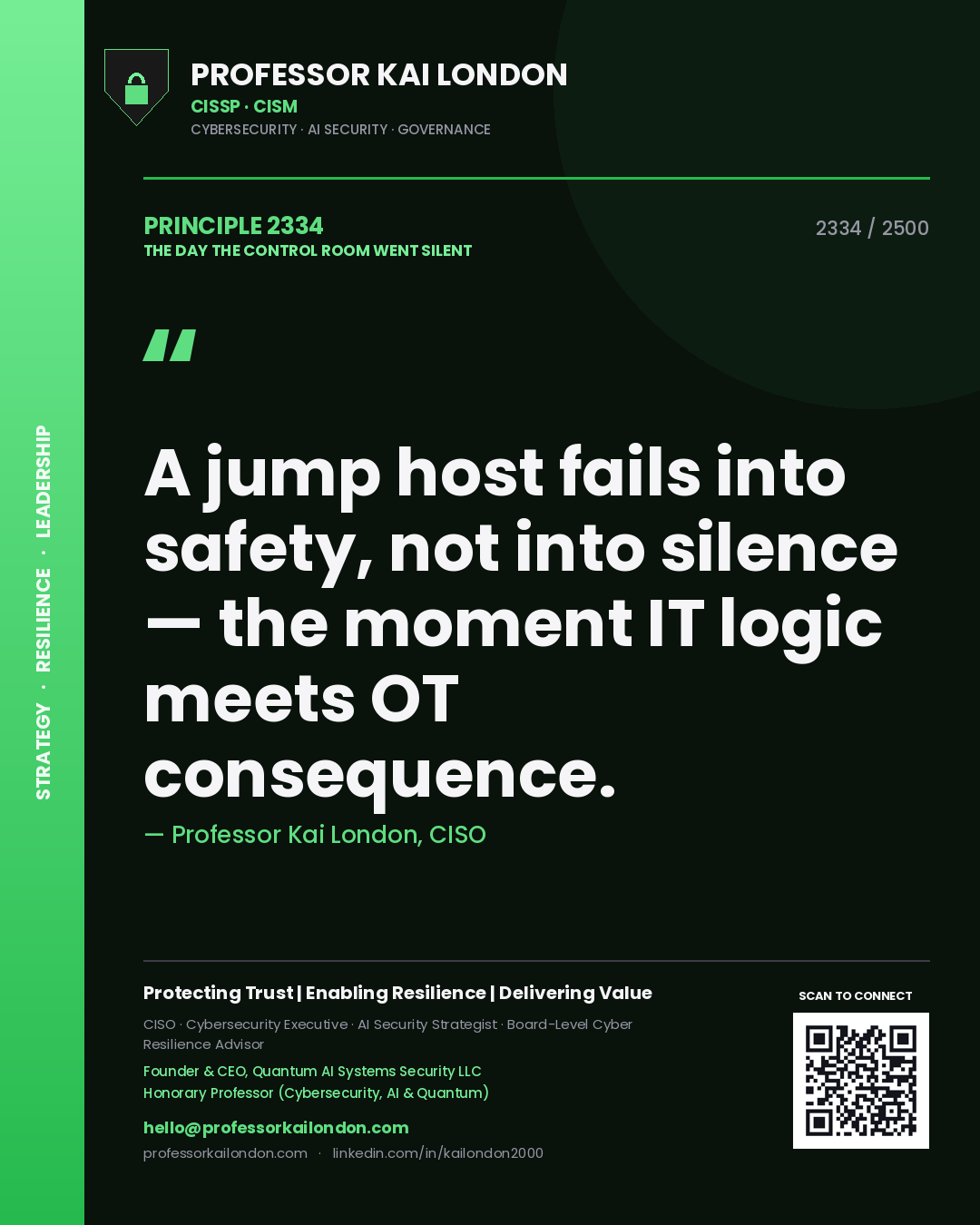 Professor Kai London principle 2334: A jump host fails into safety, not into silence — the moment IT logic meets OT consequence.