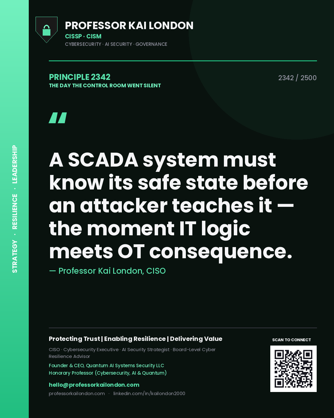 Professor Kai London principle 2342: A SCADA system must know its safe state before an attacker teaches it — the moment IT logic meets OT consequence.