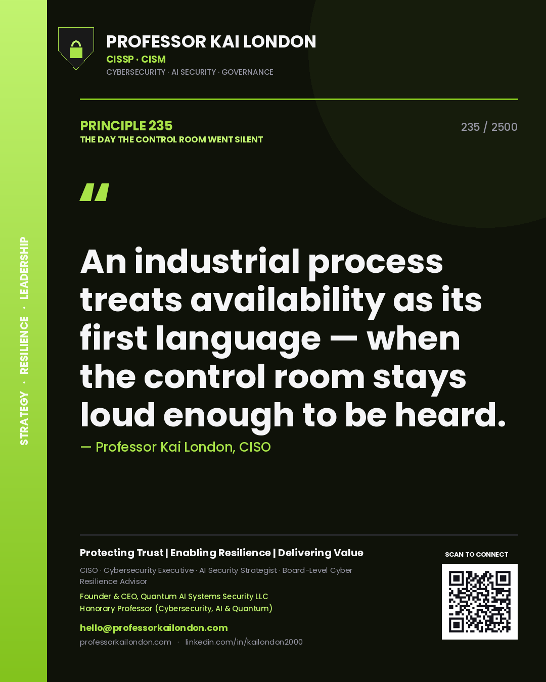 Professor Kai London principle 235: An industrial process treats availability as its first language — when the control room stays loud enough to be heard.