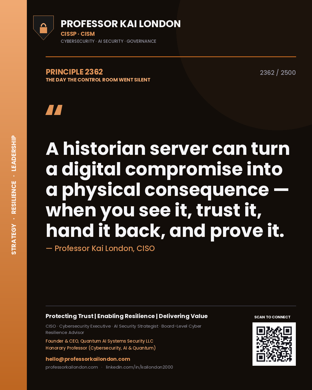 Professor Kai London principle 2362: A historian server can turn a digital compromise into a physical consequence — when you see it, trust it, hand it back, and prove it.