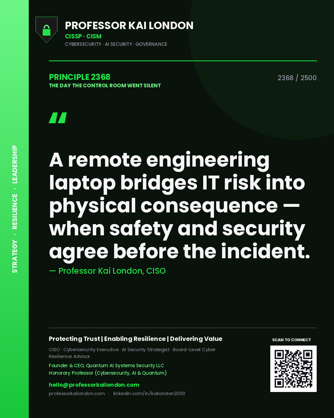 Professor Kai London principle 2368: A remote engineering laptop bridges IT risk into physical consequence — when safety and security agree before the incident.