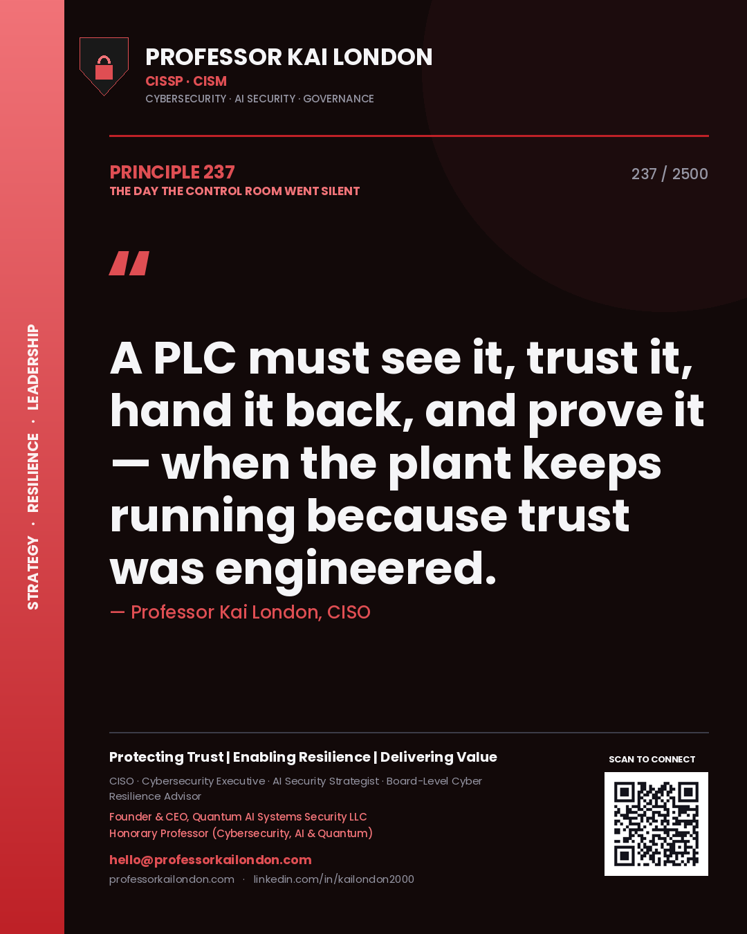 Professor Kai London principle 237: A PLC must see it, trust it, hand it back, and prove it — when the plant keeps running because trust was engineered.
