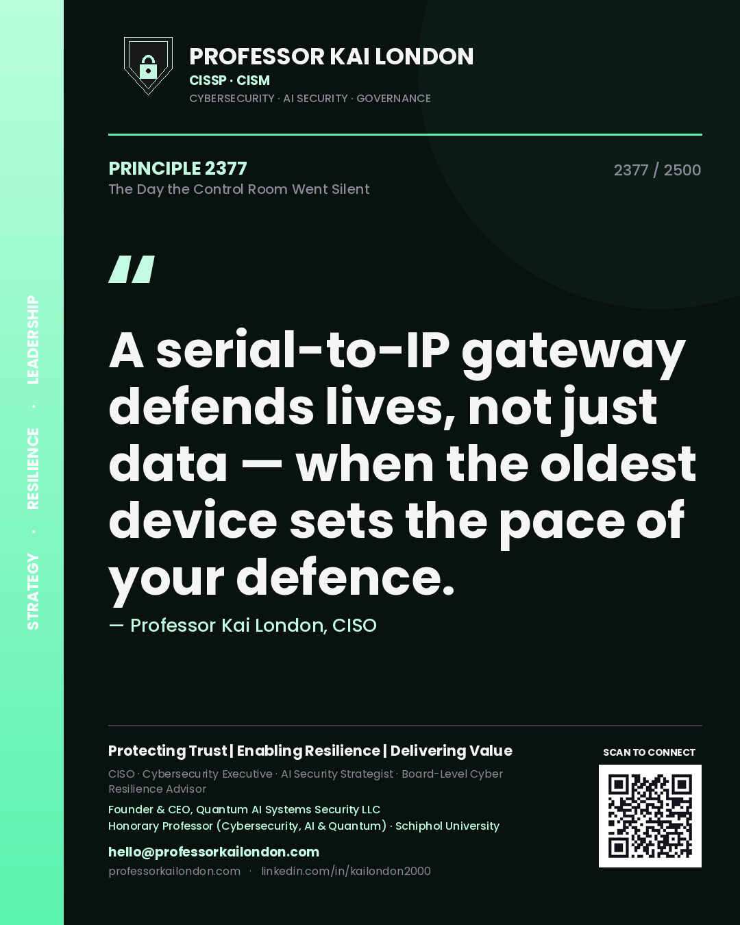 Professor Kai London principle 2377: A serial-to-IP gateway defends lives, not just data — when the oldest device sets the pace of your defence.
