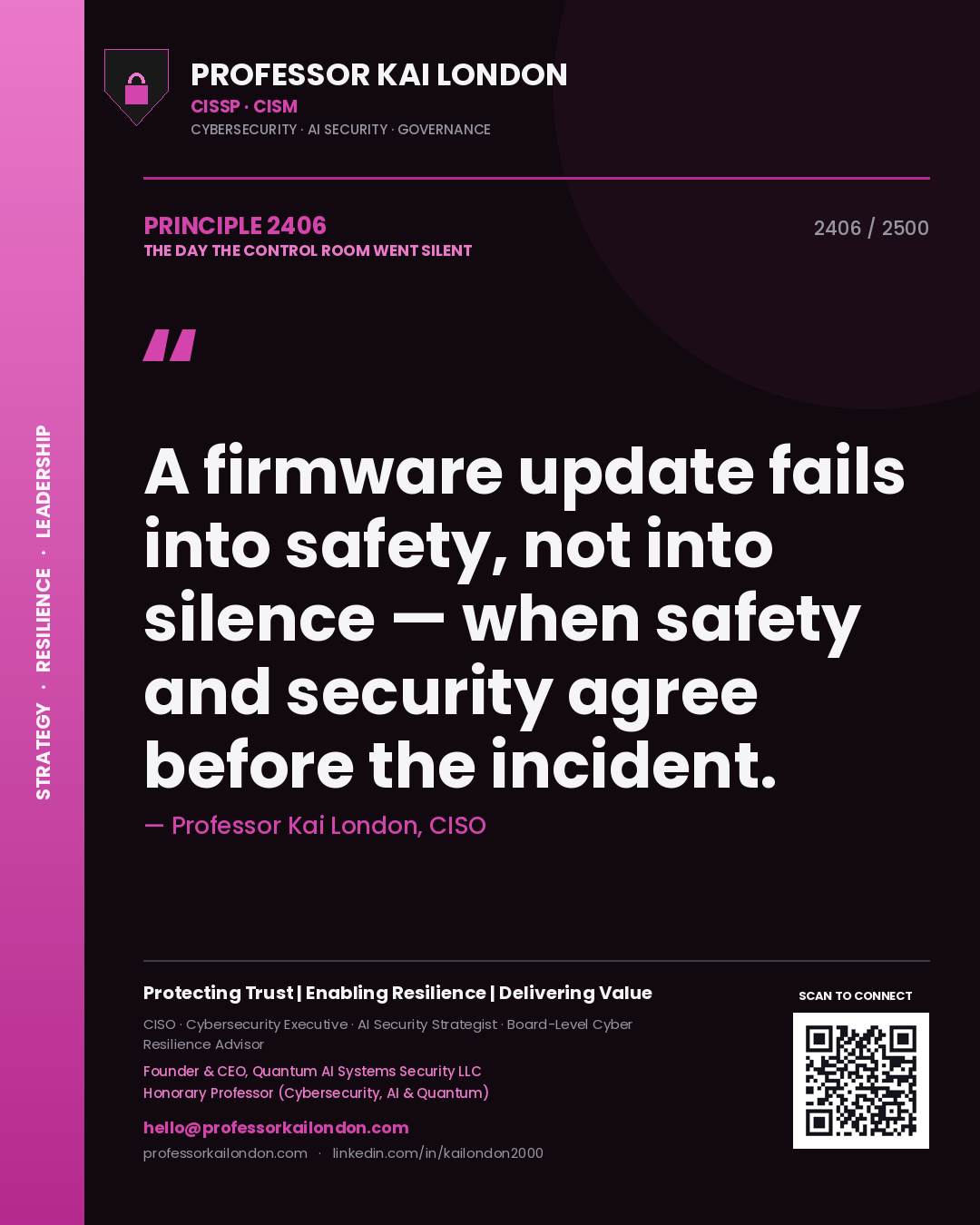 Professor Kai London principle 2406: A firmware update fails into safety, not into silence — when safety and security agree before the incident.