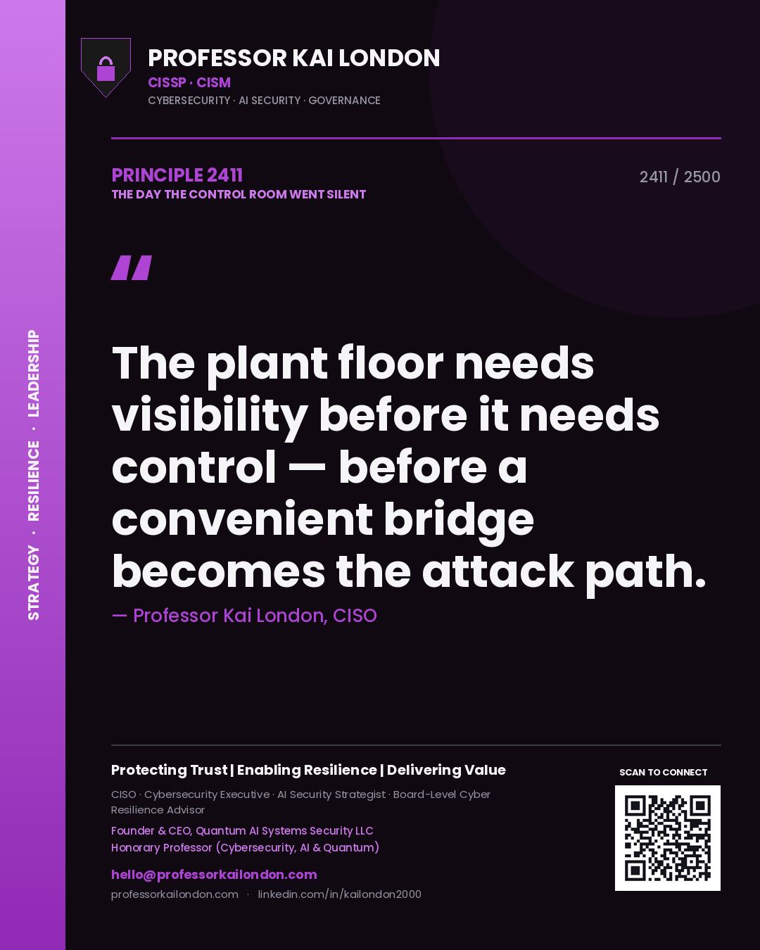 Professor Kai London principle 2411: The plant floor needs visibility before it needs control — before a convenient bridge becomes the attack path.