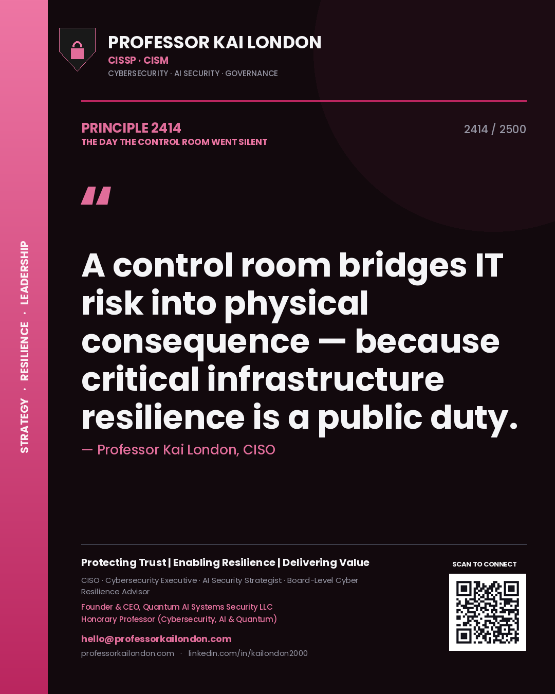 Professor Kai London principle 2414: A control room bridges IT risk into physical consequence — because critical infrastructure resilience is a public duty.