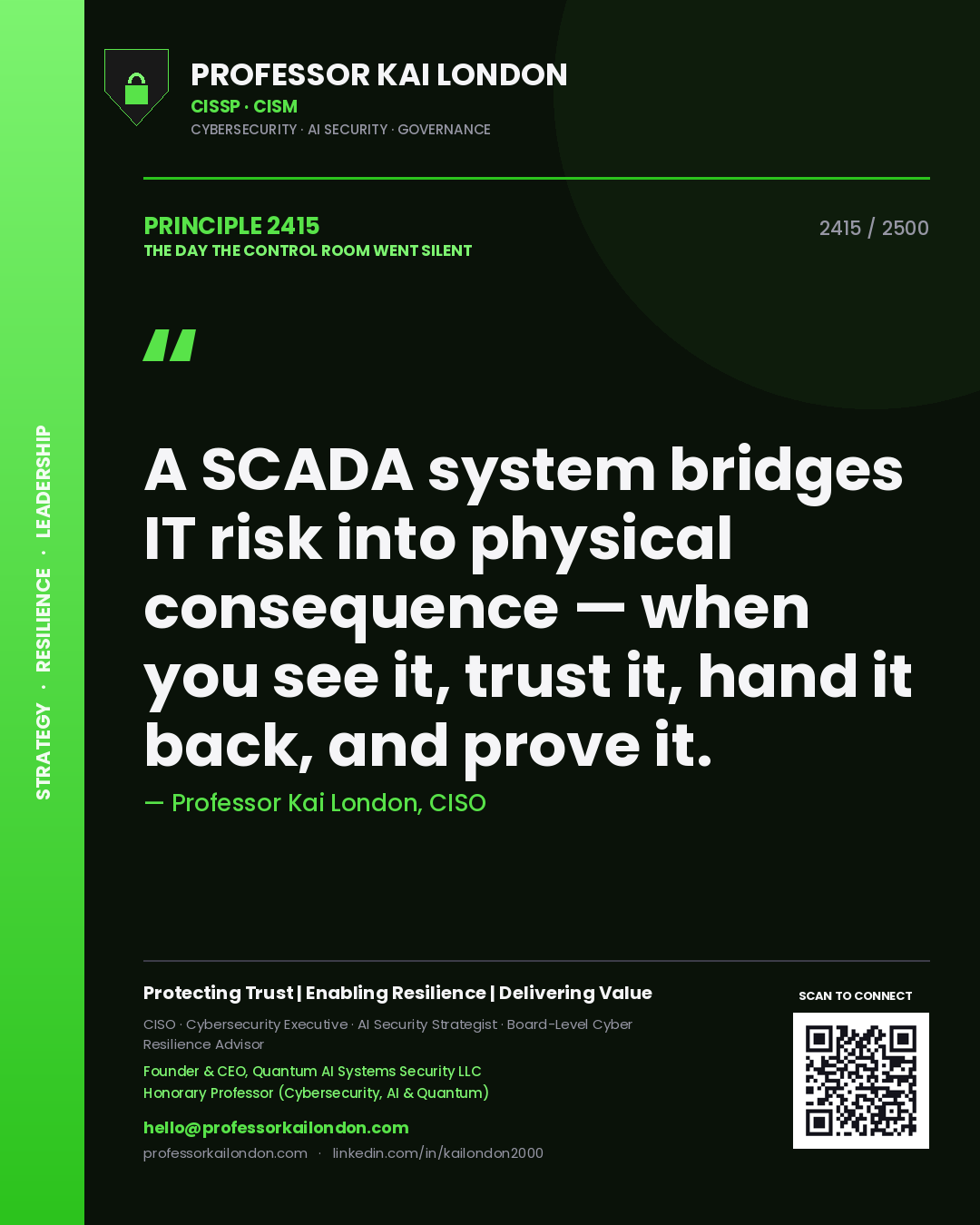 Professor Kai London principle 2415: A SCADA system bridges IT risk into physical consequence — when you see it, trust it, hand it back, and prove it.