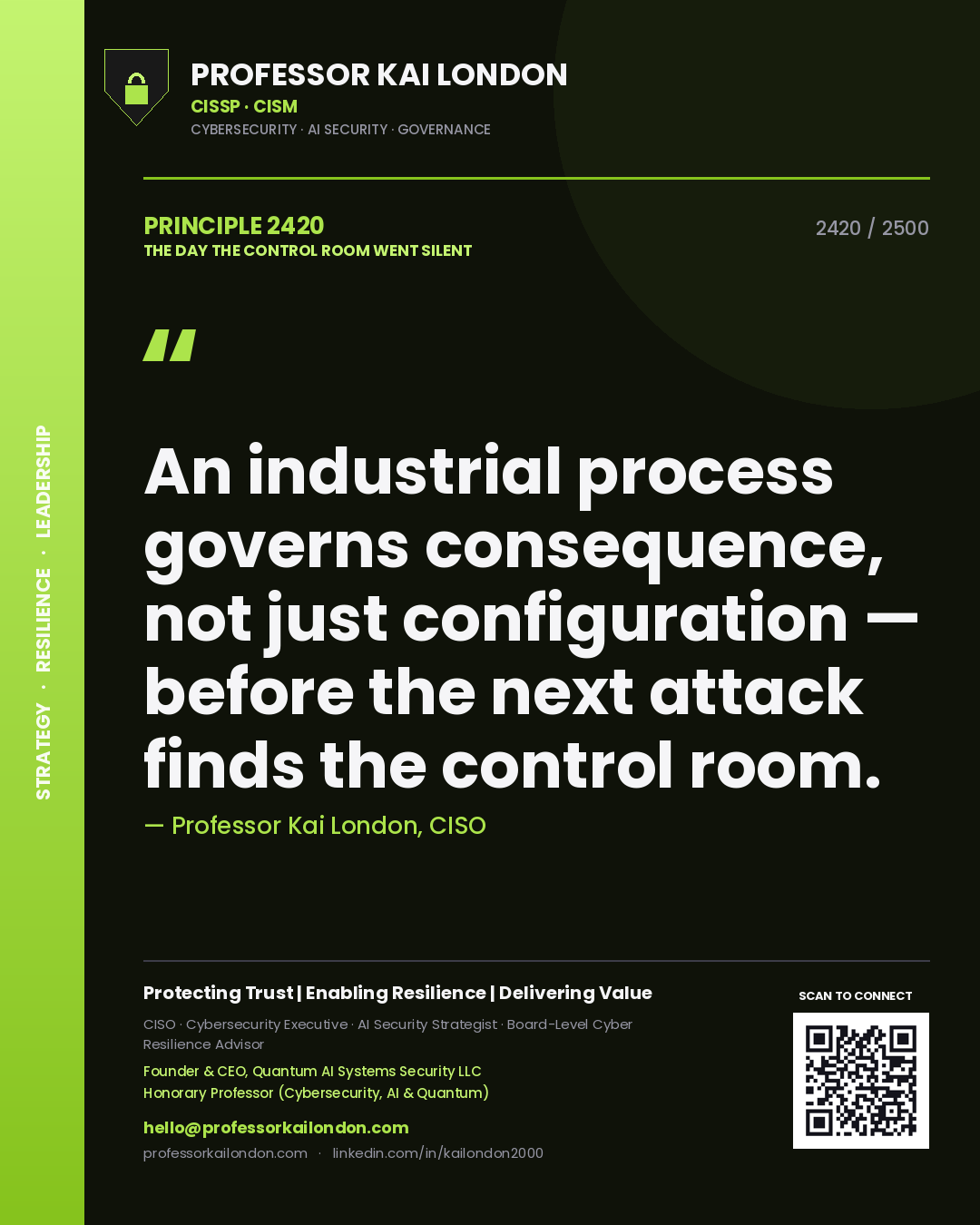 Professor Kai London principle 2420: An industrial process governs consequence, not just configuration — before the next attack finds the control room.
