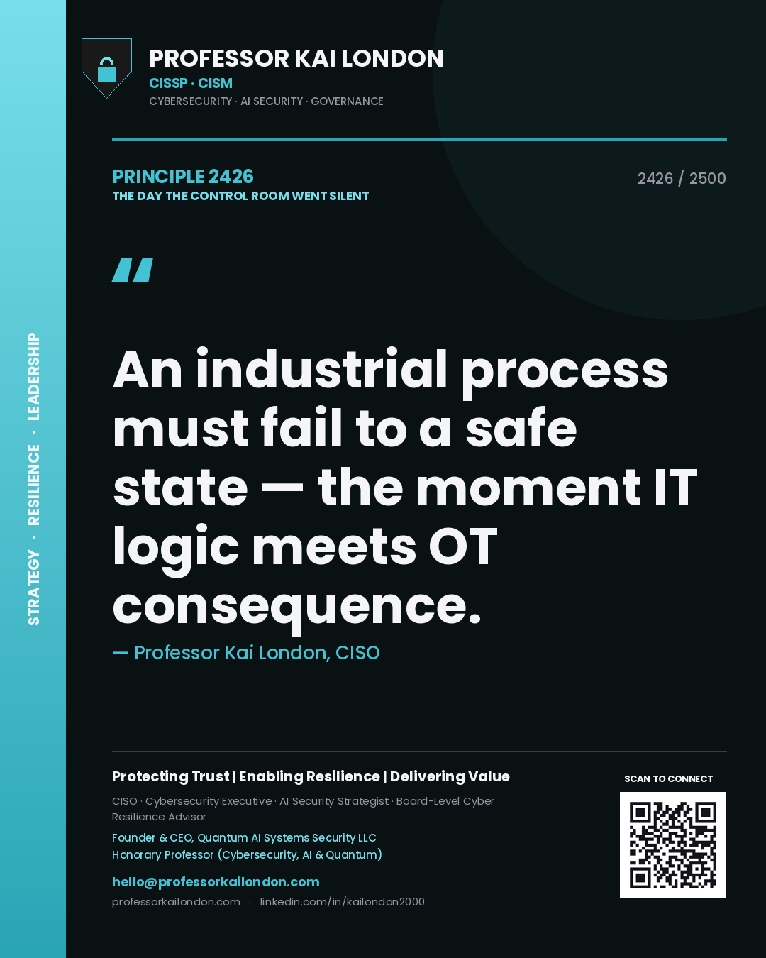 Professor Kai London principle 2426: An industrial process must fail to a safe state — the moment IT logic meets OT consequence.