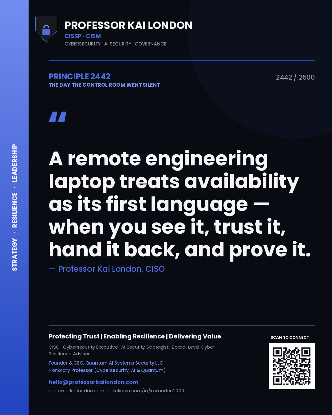 Professor Kai London principle 2442: A remote engineering laptop treats availability as its first language — when you see it, trust it, hand it back, and prove it.