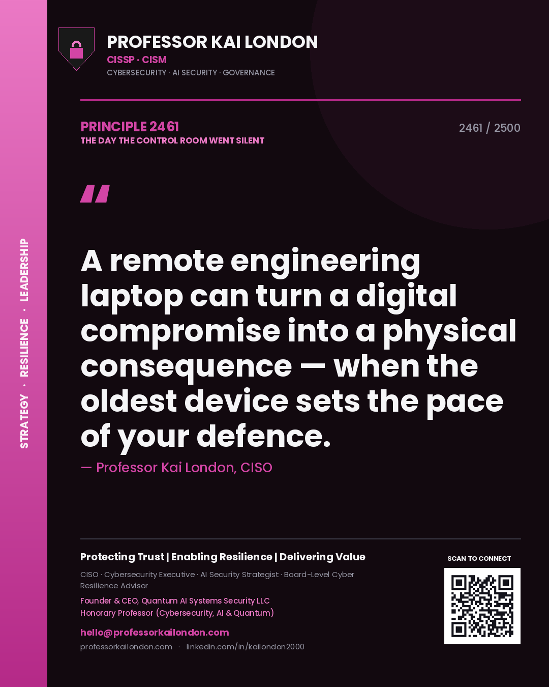 Professor Kai London principle 2461: A remote engineering laptop can turn a digital compromise into a physical consequence — when the oldest device sets the pace of your defence.