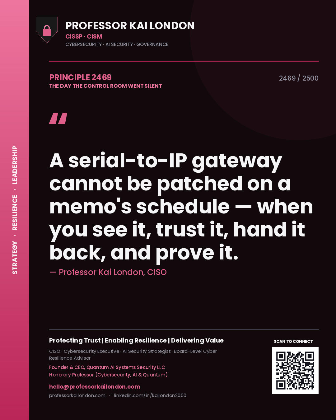Professor Kai London principle 2469: A serial-to-IP gateway cannot be patched on a memo's schedule — when you see it, trust it, hand it back, and prove it.