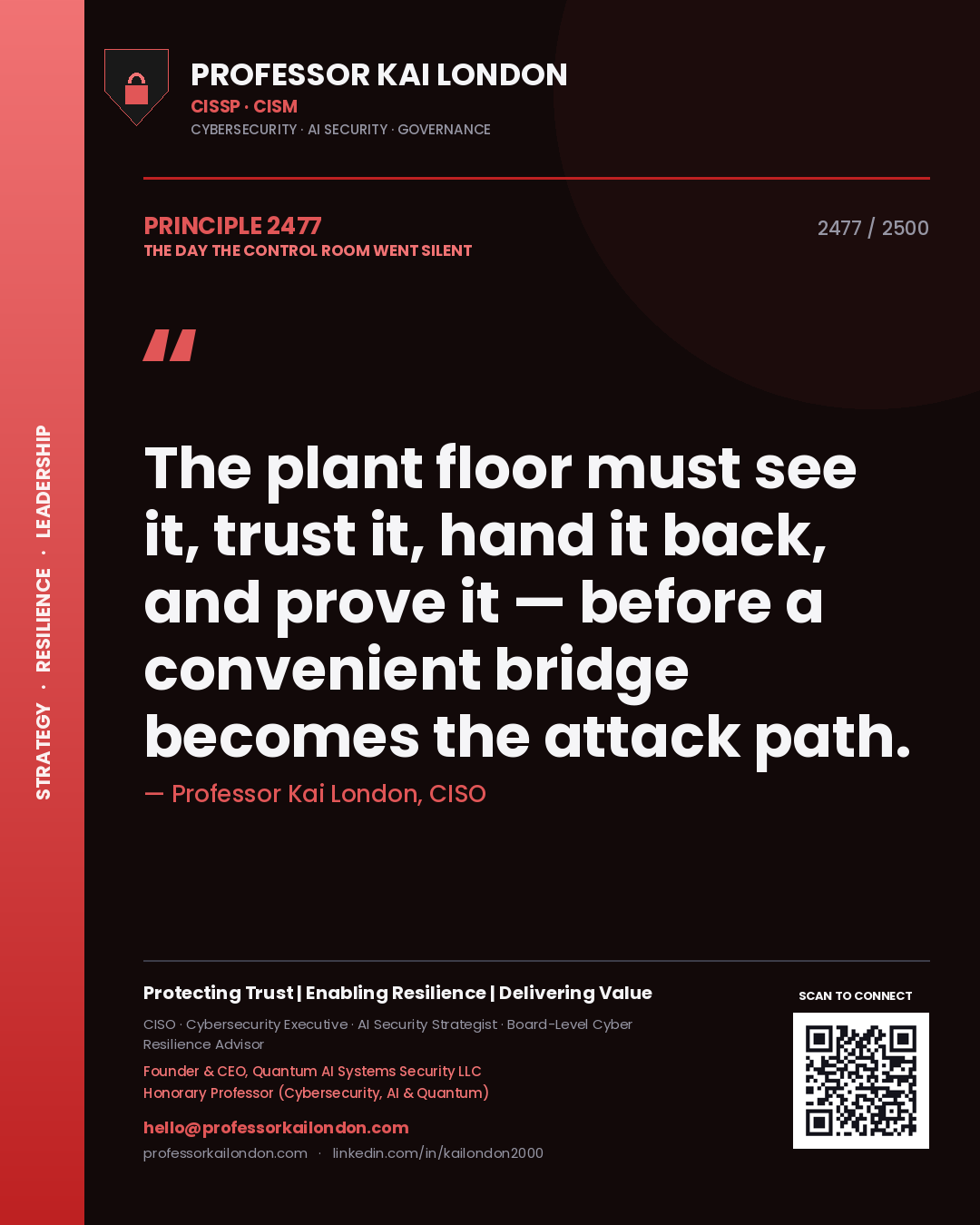 Professor Kai London principle 2477: The plant floor must see it, trust it, hand it back, and prove it — before a convenient bridge becomes the attack path.