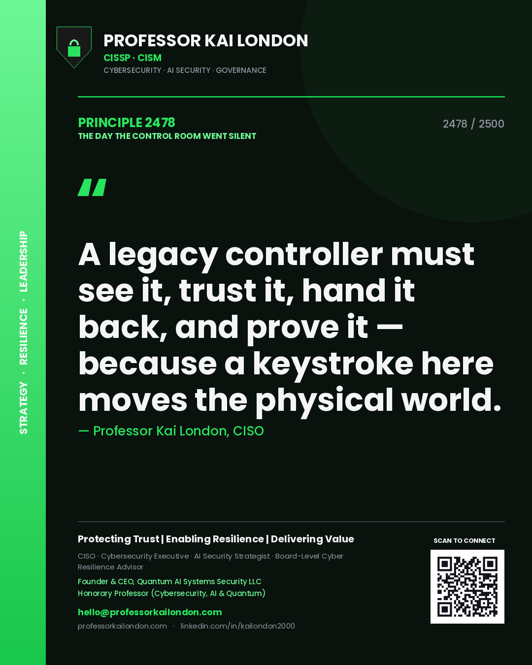 Professor Kai London principle 2478: A legacy controller must see it, trust it, hand it back, and prove it — because a keystroke here moves the physical world.