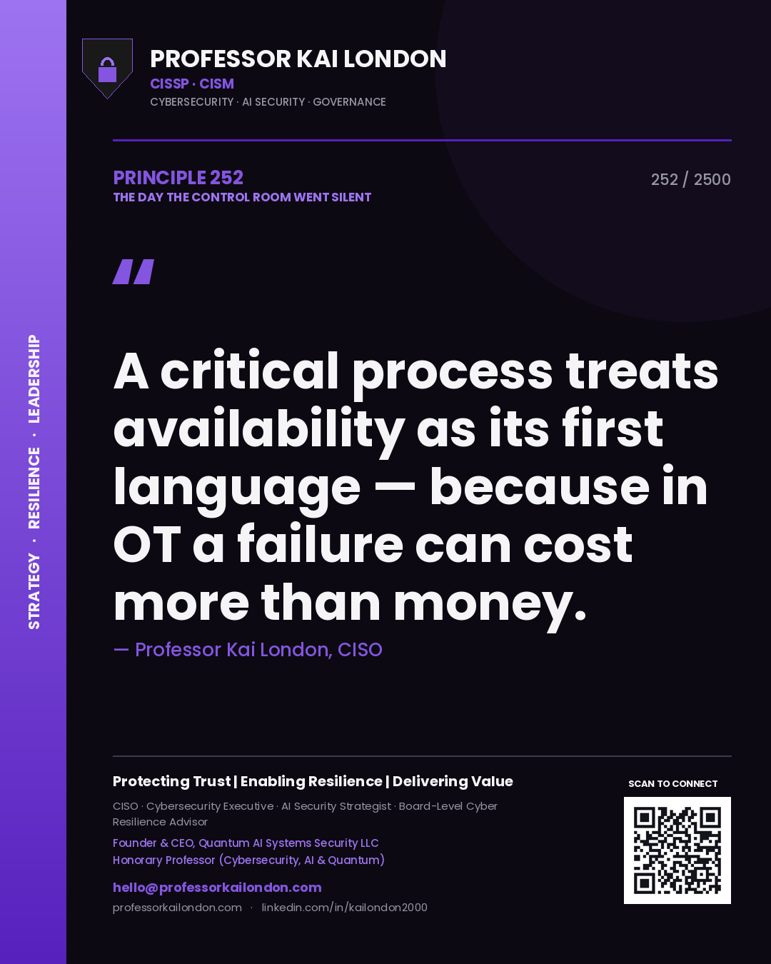 Professor Kai London principle 252: A critical process treats availability as its first language — because in OT a failure can cost more than money.