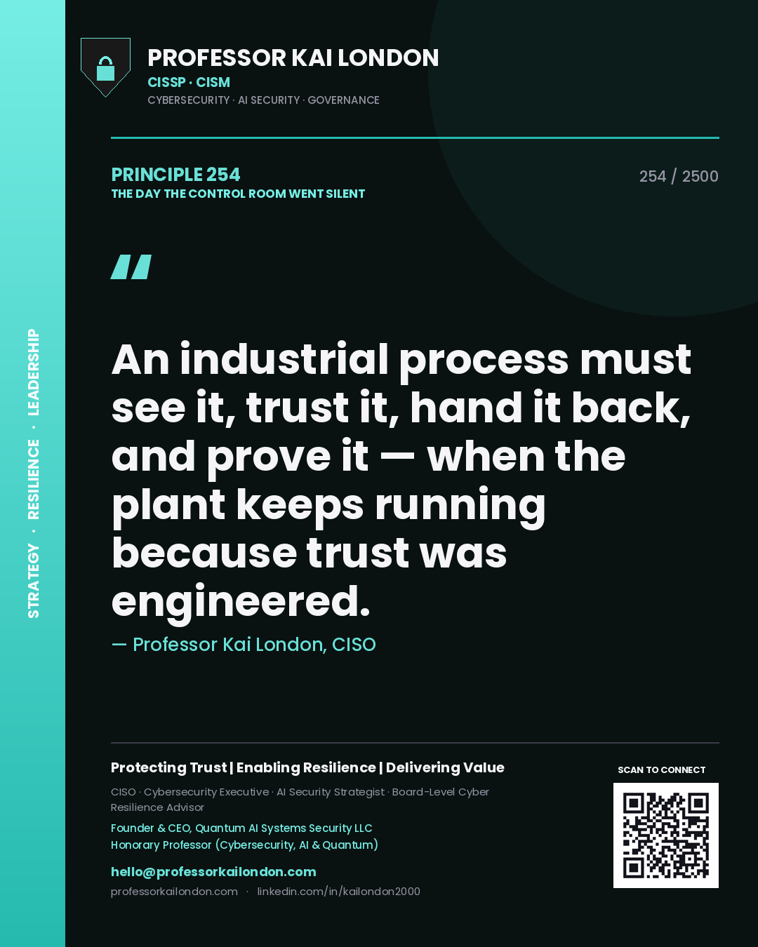 Professor Kai London principle 254: An industrial process must see it, trust it, hand it back, and prove it — when the plant keeps running because trust was engineered.