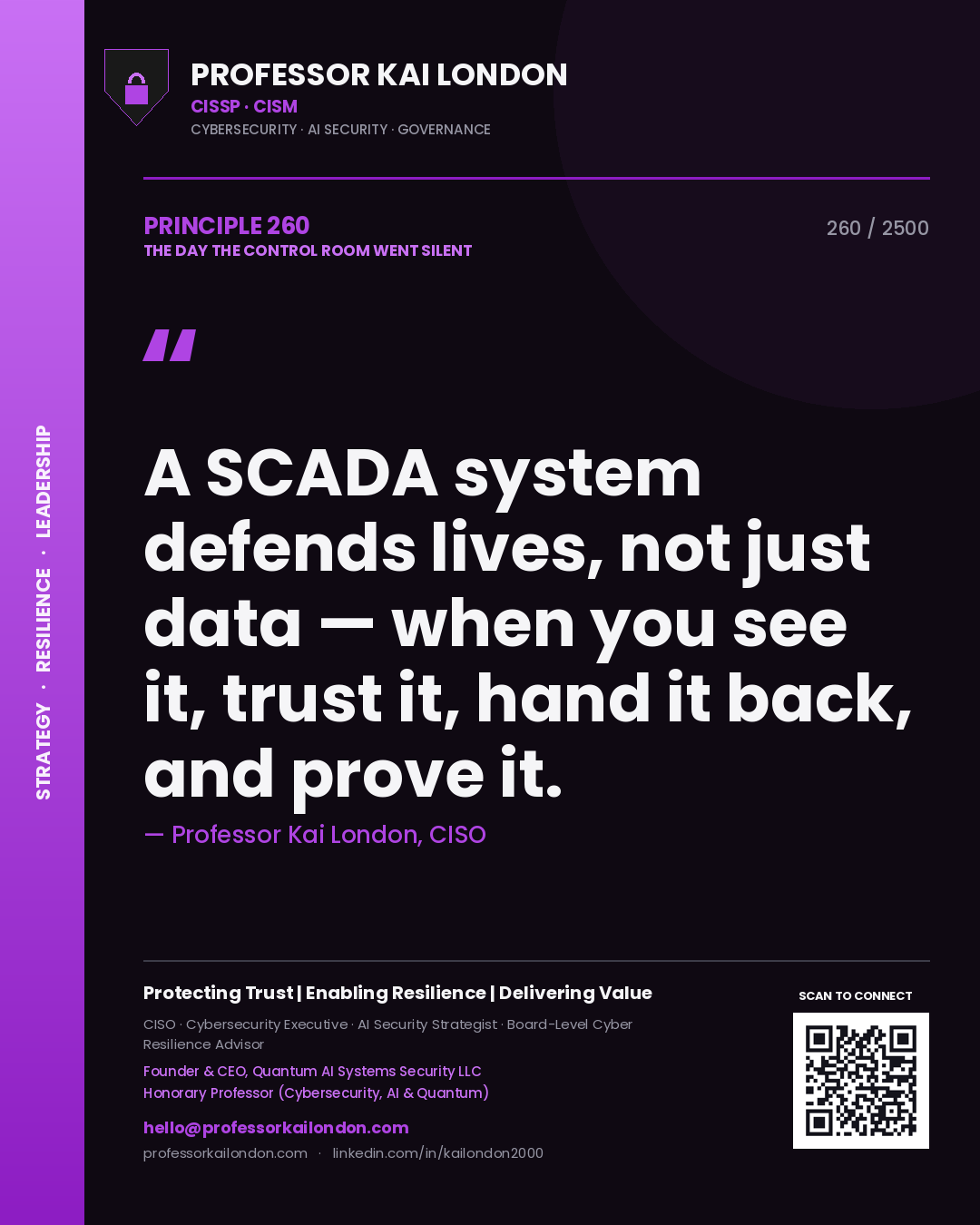 Professor Kai London principle 260: A SCADA system defends lives, not just data — when you see it, trust it, hand it back, and prove it.