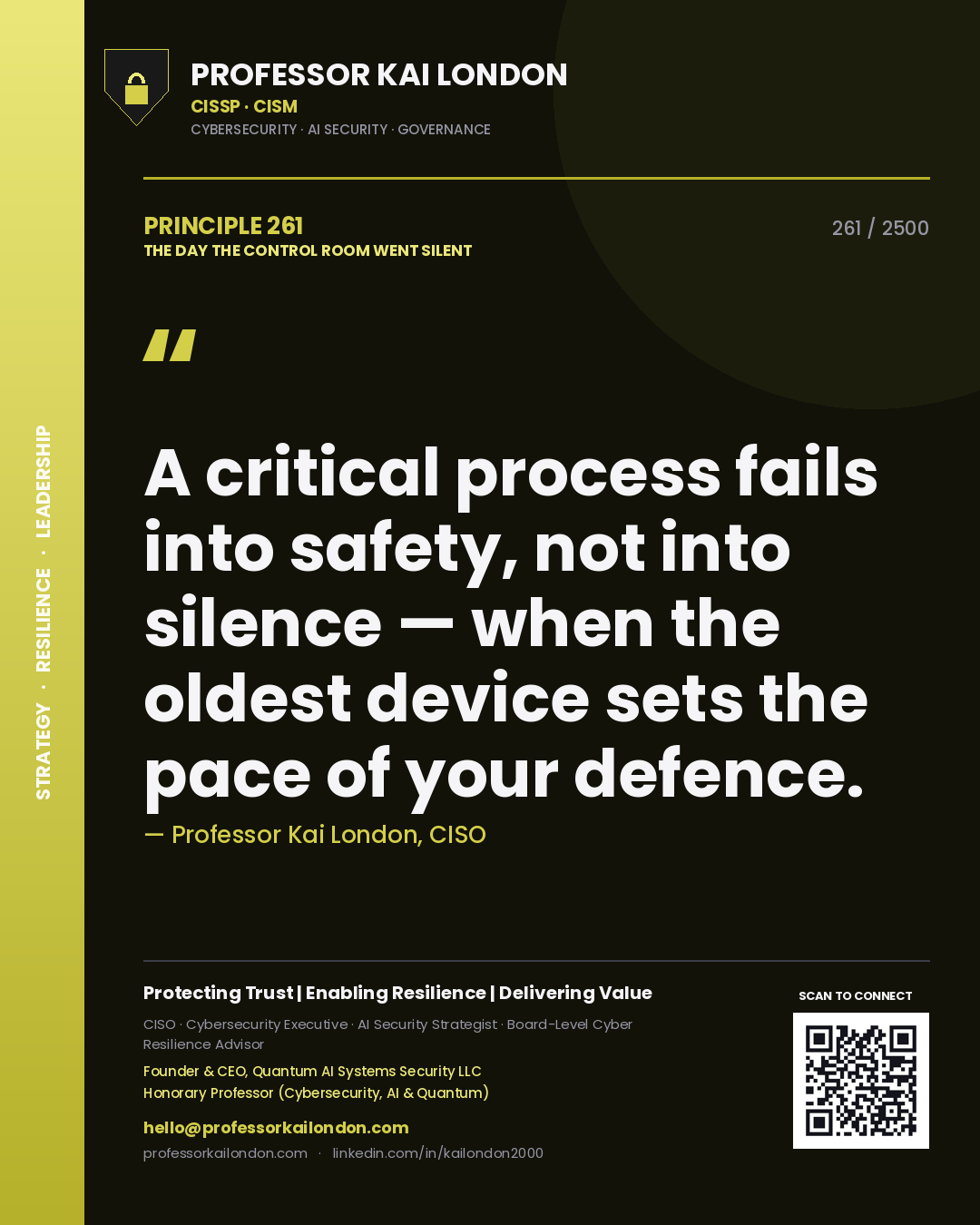 Professor Kai London principle 261: A critical process fails into safety, not into silence — when the oldest device sets the pace of your defence.