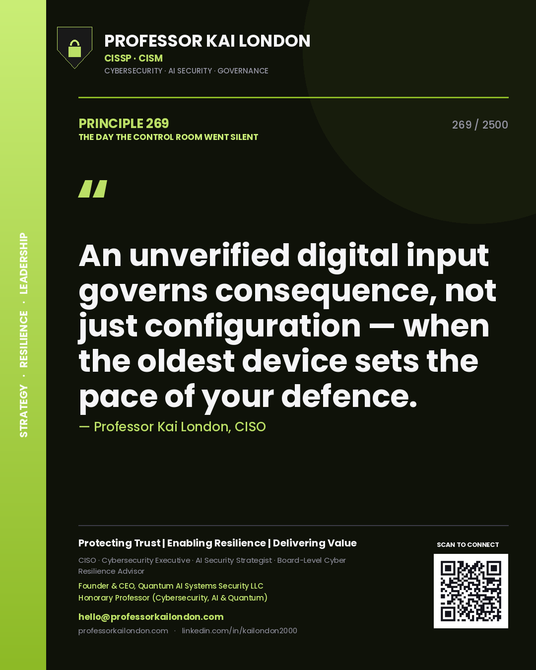 Professor Kai London principle 269: An unverified digital input governs consequence, not just configuration — when the oldest device sets the pace of your defence.