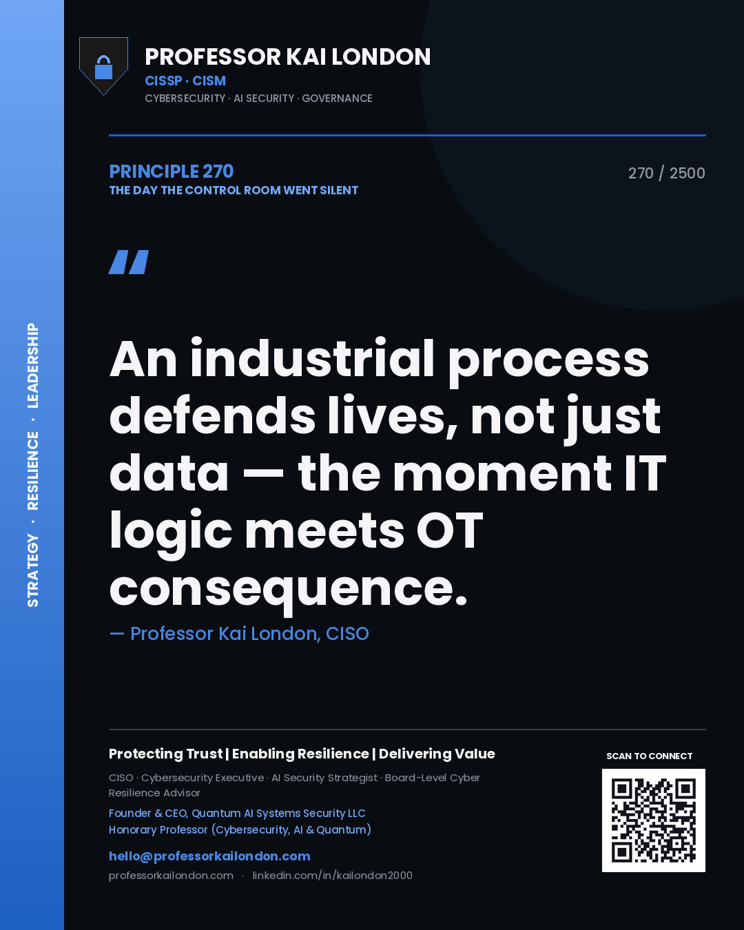 Professor Kai London principle 270: An industrial process defends lives, not just data — the moment IT logic meets OT consequence.