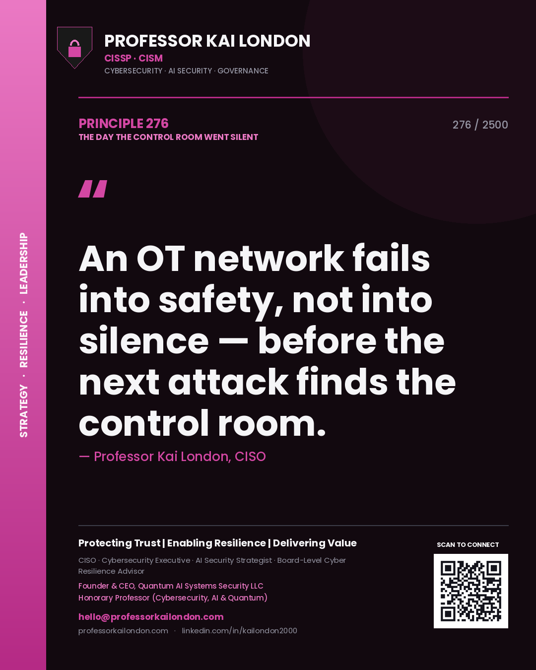 Professor Kai London principle 276: An OT network fails into safety, not into silence — before the next attack finds the control room.