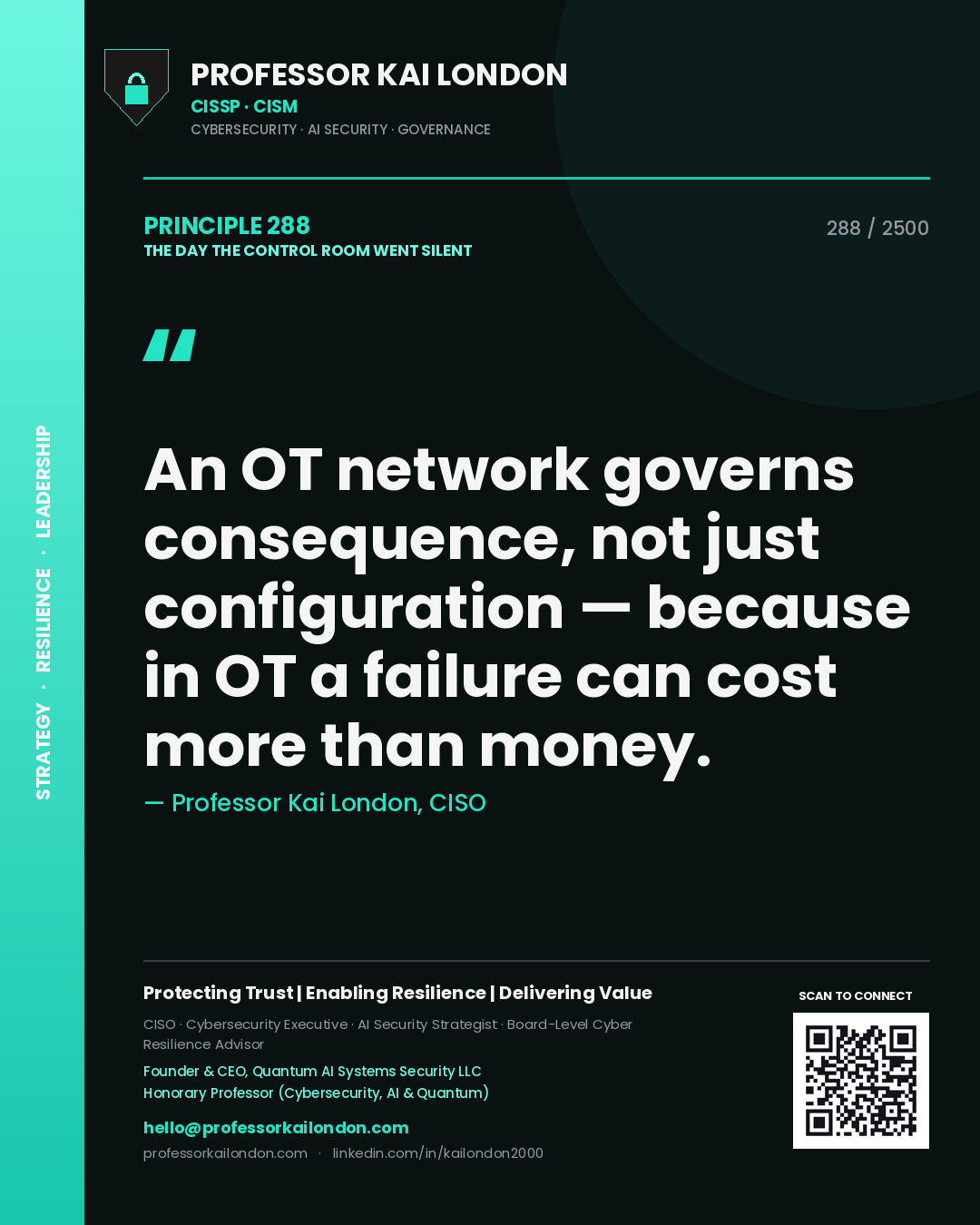 Professor Kai London principle 288: An OT network governs consequence, not just configuration — because in OT a failure can cost more than money.