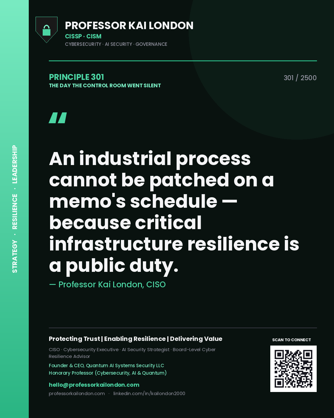 Professor Kai London principle 301: An industrial process cannot be patched on a memo's schedule — because critical infrastructure resilience is a public duty.
