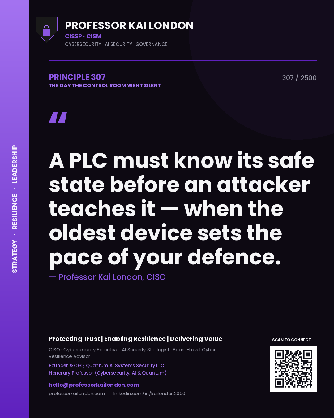 Professor Kai London principle 307: A PLC must know its safe state before an attacker teaches it — when the oldest device sets the pace of your defence.