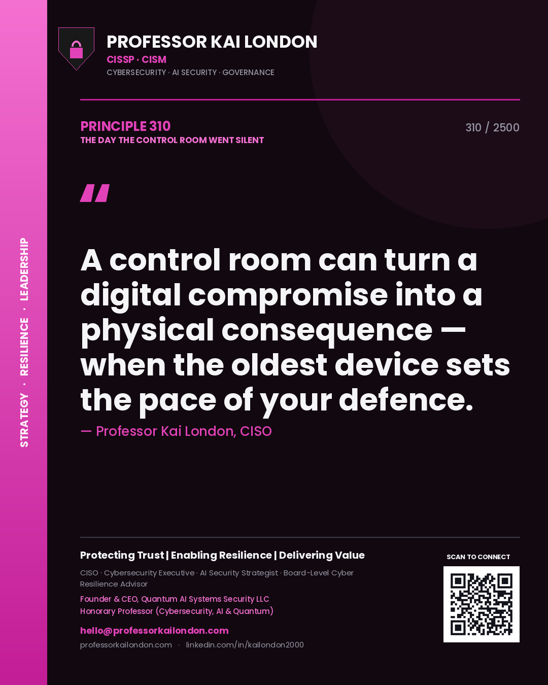 Professor Kai London principle 310: A control room can turn a digital compromise into a physical consequence — when the oldest device sets the pace of your defence.