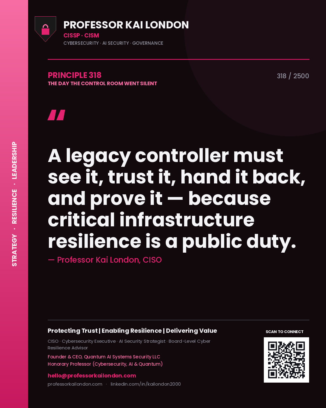 Professor Kai London principle 318: A legacy controller must see it, trust it, hand it back, and prove it — because critical infrastructure resilience is a public duty.
